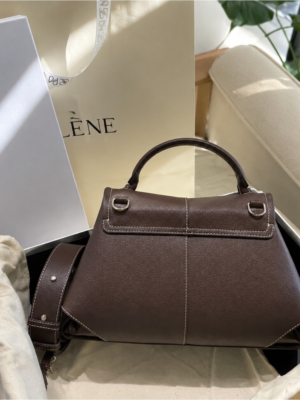 Polene Dark Brown Leather Top-Handle Satchel with Gold Hardware - Picture 3 of 4